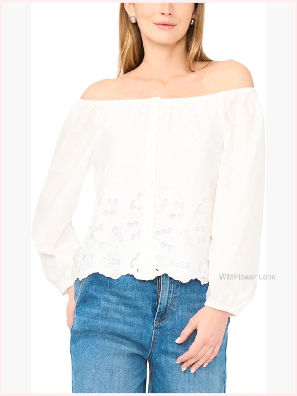Off Shoulder Button Front Embroidery Blouse Square Neck